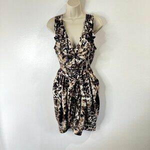 H&M Dress Size 12 Fit & Flare Satin Leopard Ruffle Brown Black Belted Stretch